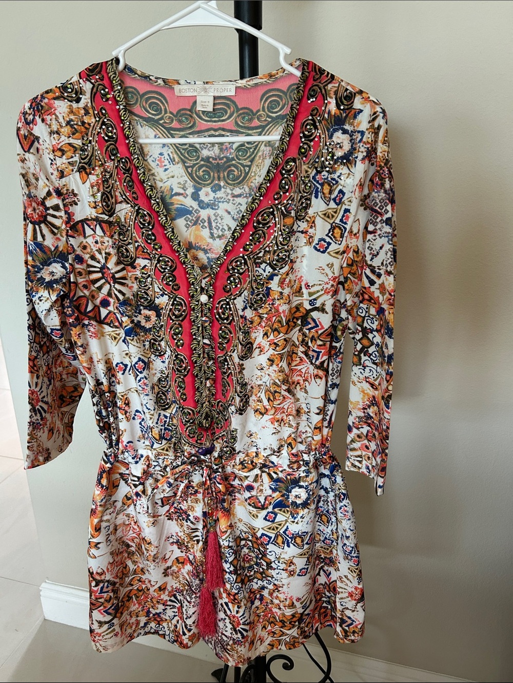 Boston Proper Printed Beaded Romper in Coral, Blue, Green & White